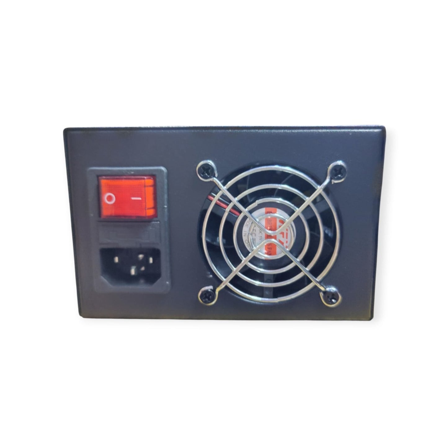 Close-up of the back panel of the 40-port USB charger, showing the red power switch, AC power inlet, and cooling fan.