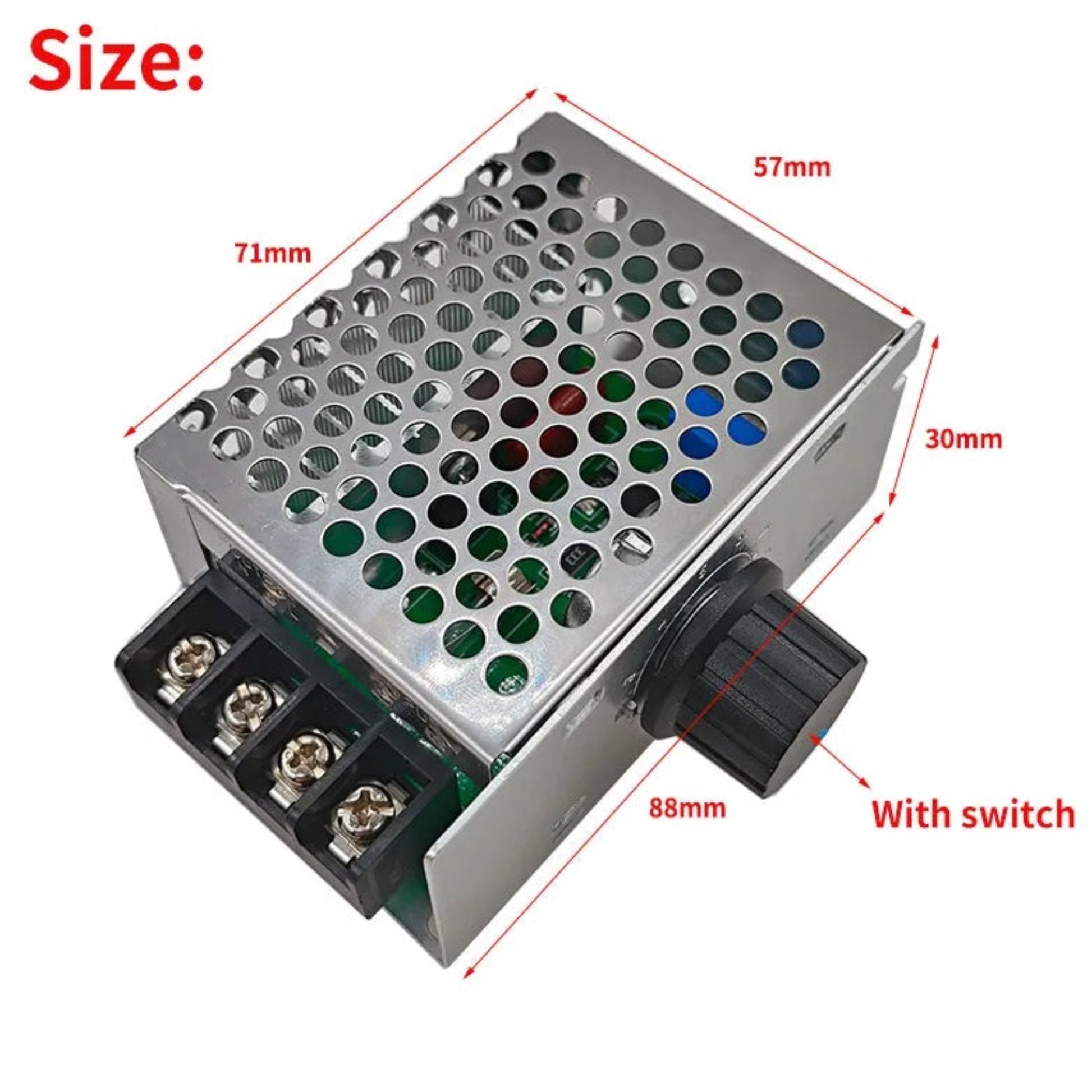 Dimensions of 4000W SCR Voltage Regulator showing 88mm by 57mm size