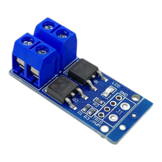 Angled view of the 400W 15A MOS FET PWM control module with blue screw terminals for power and load.