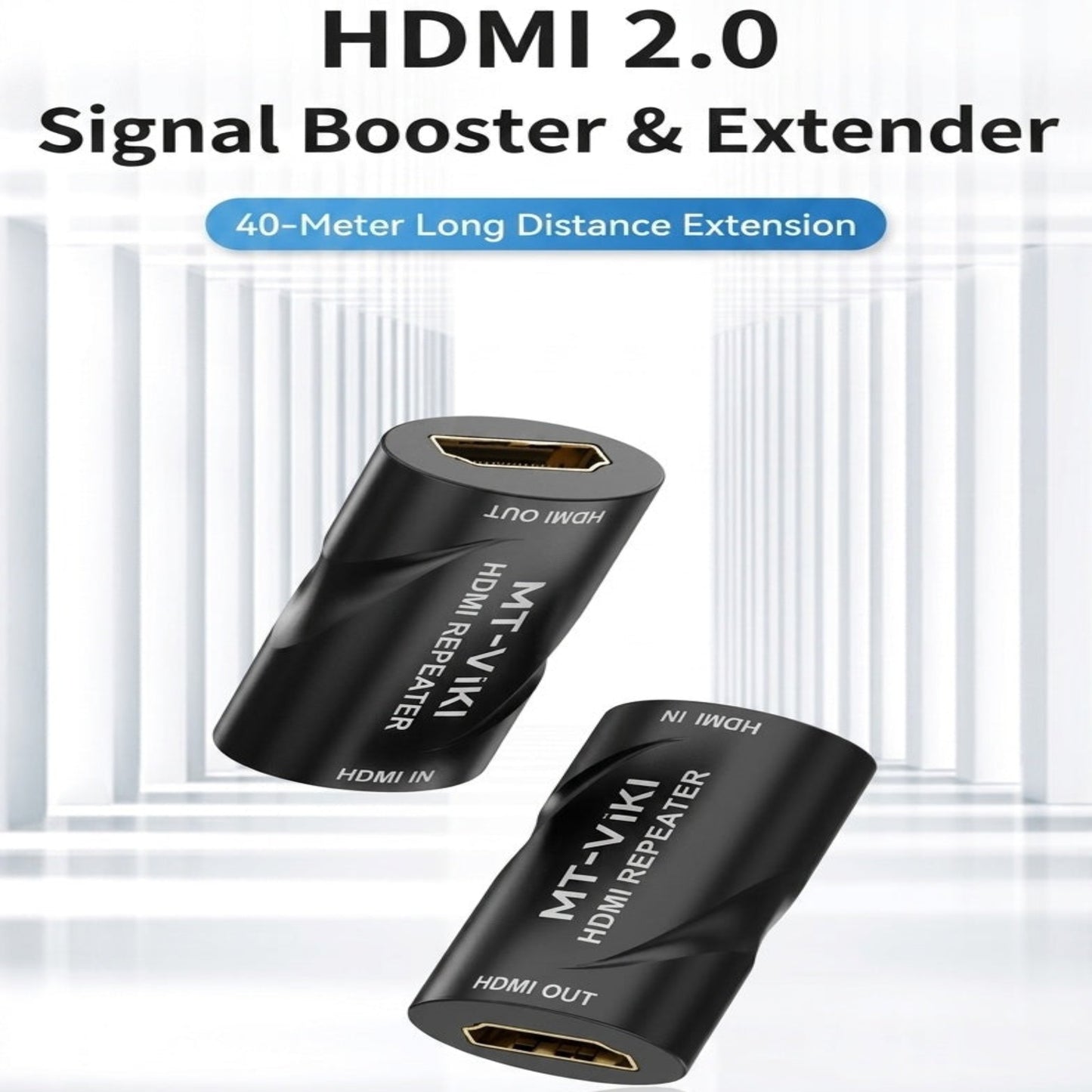 MT-ViKI HDMI repeater showing 40-meter long distance stable extension for 4K HD visual effects.