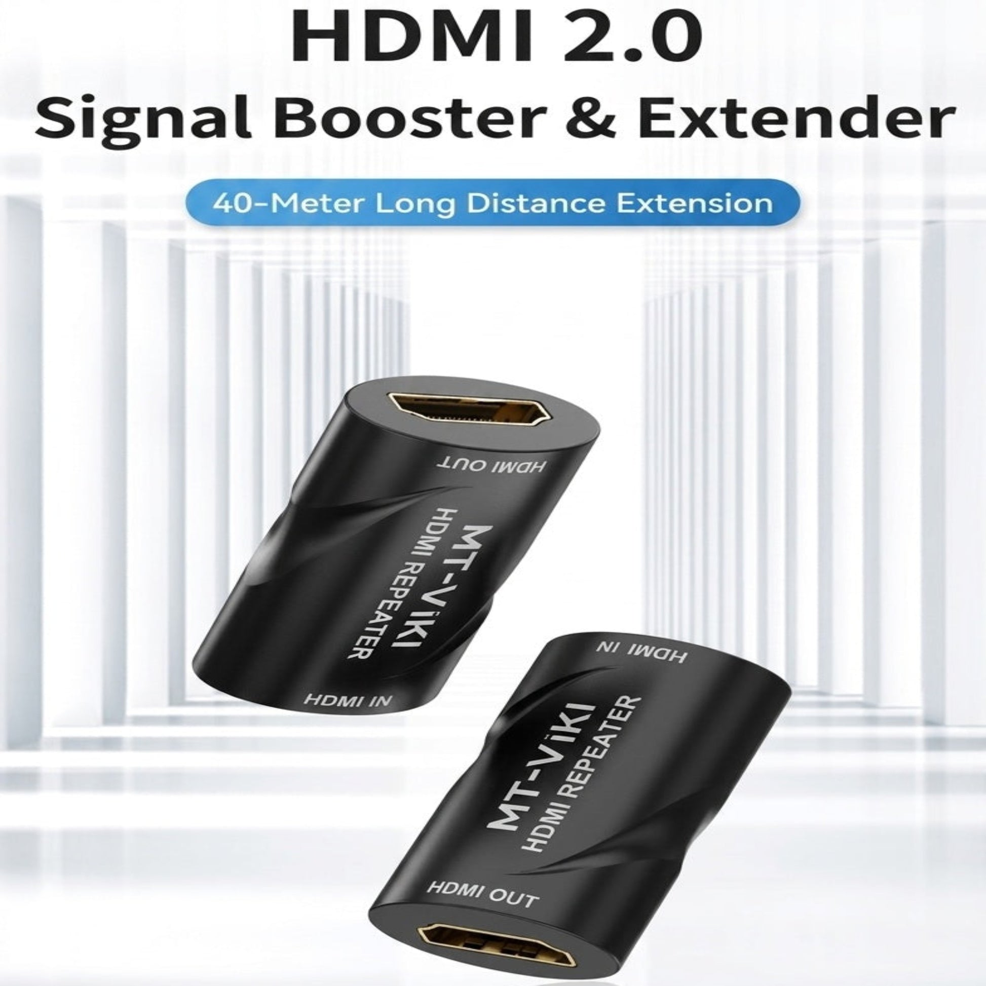 MT-ViKI HDMI repeater showing 40-meter long distance stable extension for 4K HD visual effects.
