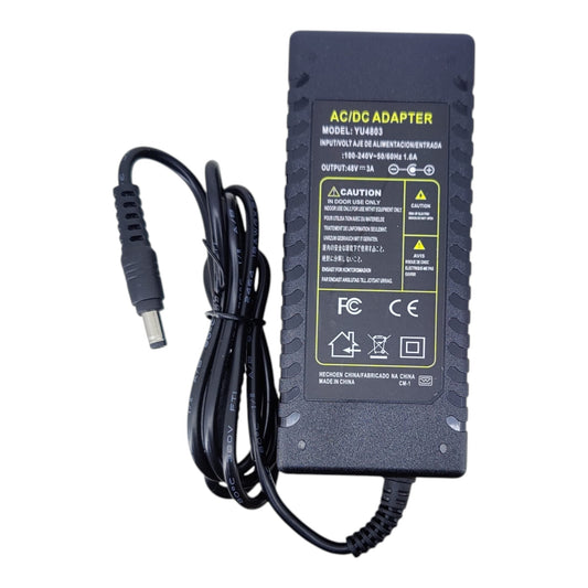 Top view of black 48V 3A AC/DC power adapter showing technical specifications and safety certifications.