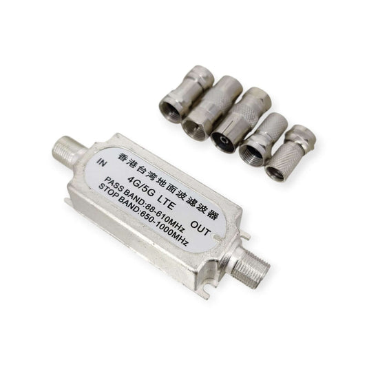 A 4G/5G LTE interference filter for TV antennas, shown with a complete set of five coaxial connector adapters on a white background.