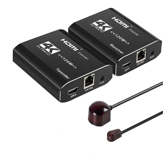 4K HDMI Extender over Cat5e/Cat6 Ethernet transmitter and receiver set with IR remote feature.