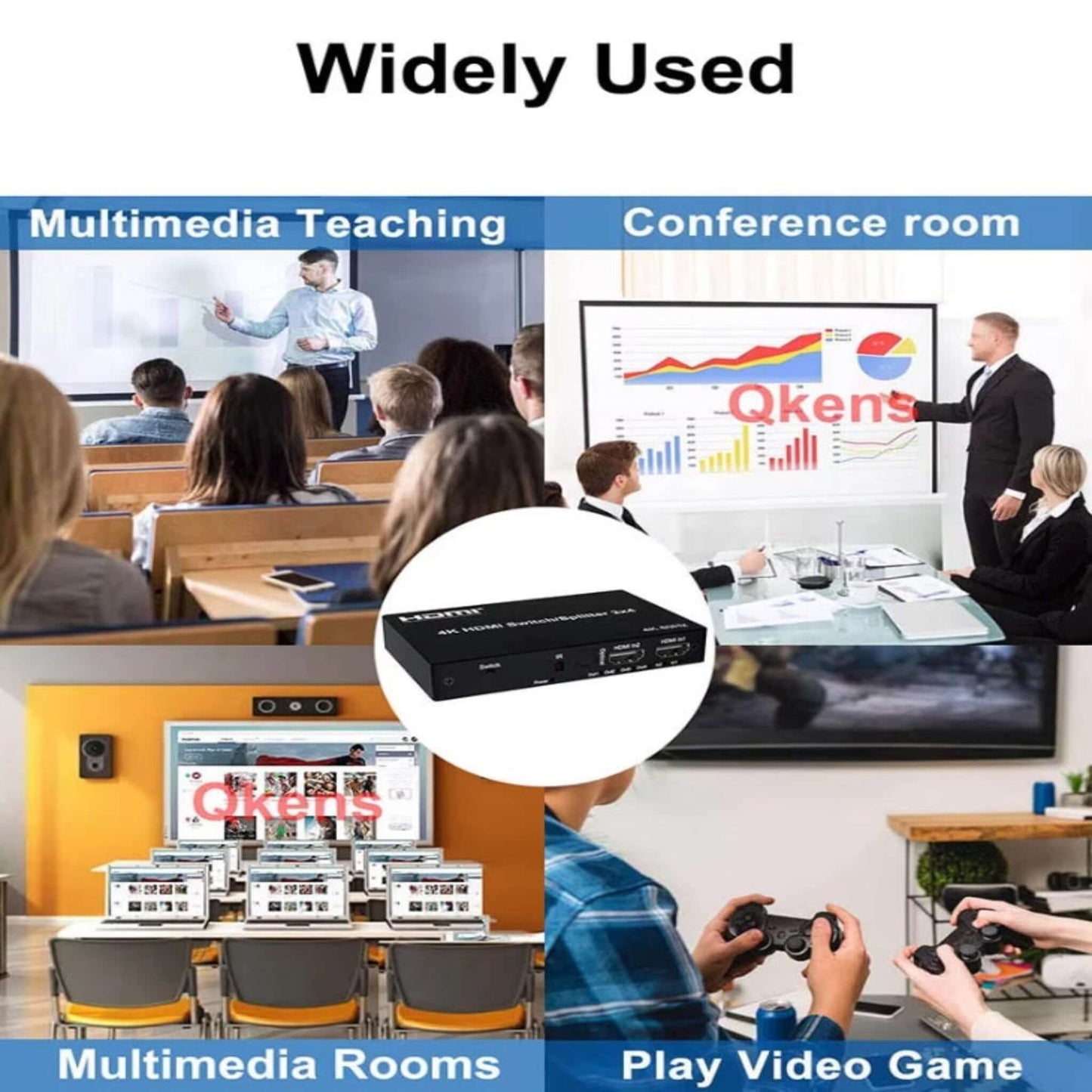 Image showcasing the 4K HDMI 2x4 Switch Splitter used in multimedia teaching, conference rooms, and gaming.