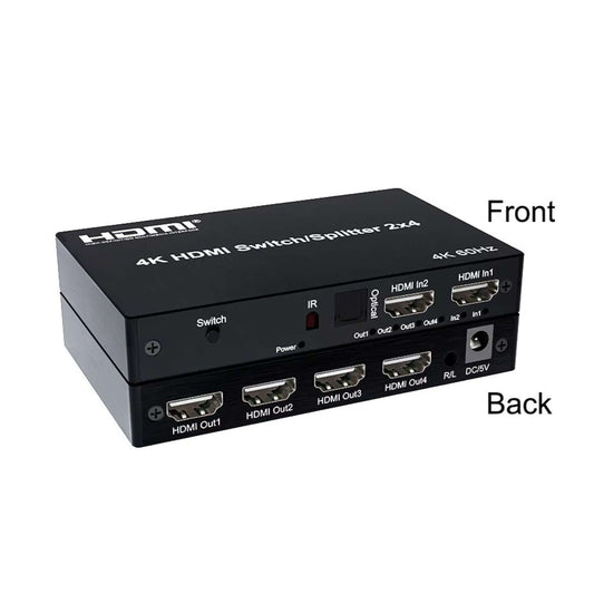4K 60Hz HDMI 2x4 switch splitter for connecting two HDMI sources to four displays, featuring Ports and controls.