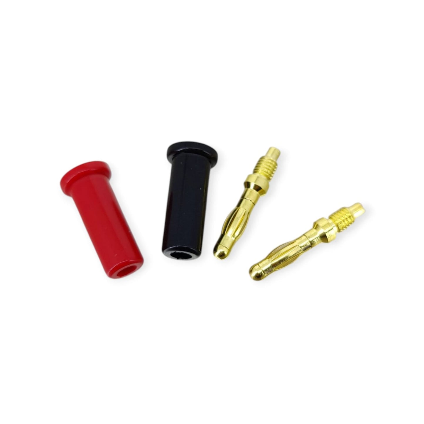 Disassembled 4mm banana plugs showing the red and black shells and the gold-plated screw-type connectors.