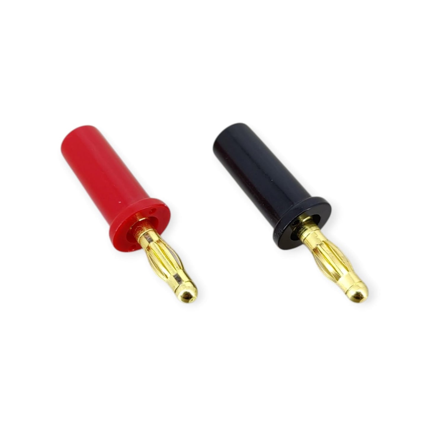 A pair of assembled red and black 4mm banana plugs with gold-plated tips.