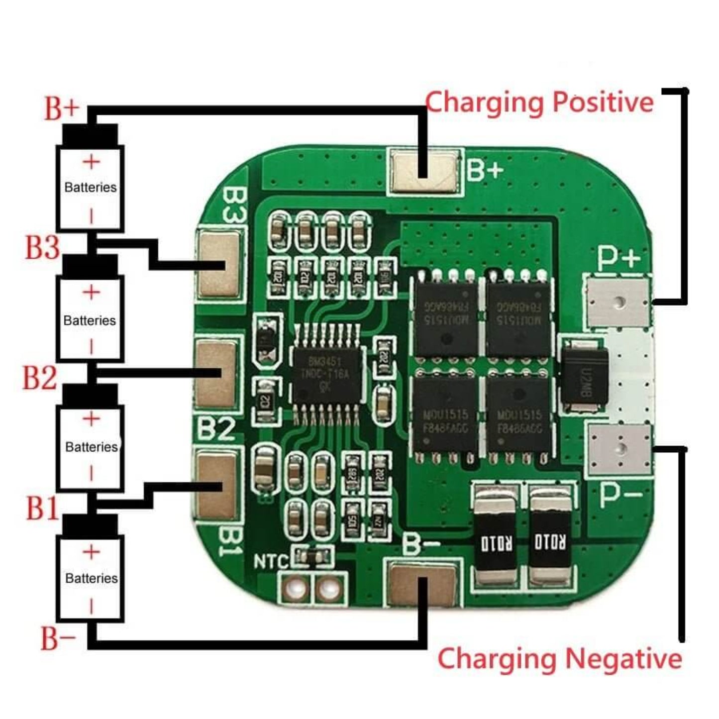 Wiring diagram for 4S 18650 battery pack showing B- B1 B2 B3 B+ connections.