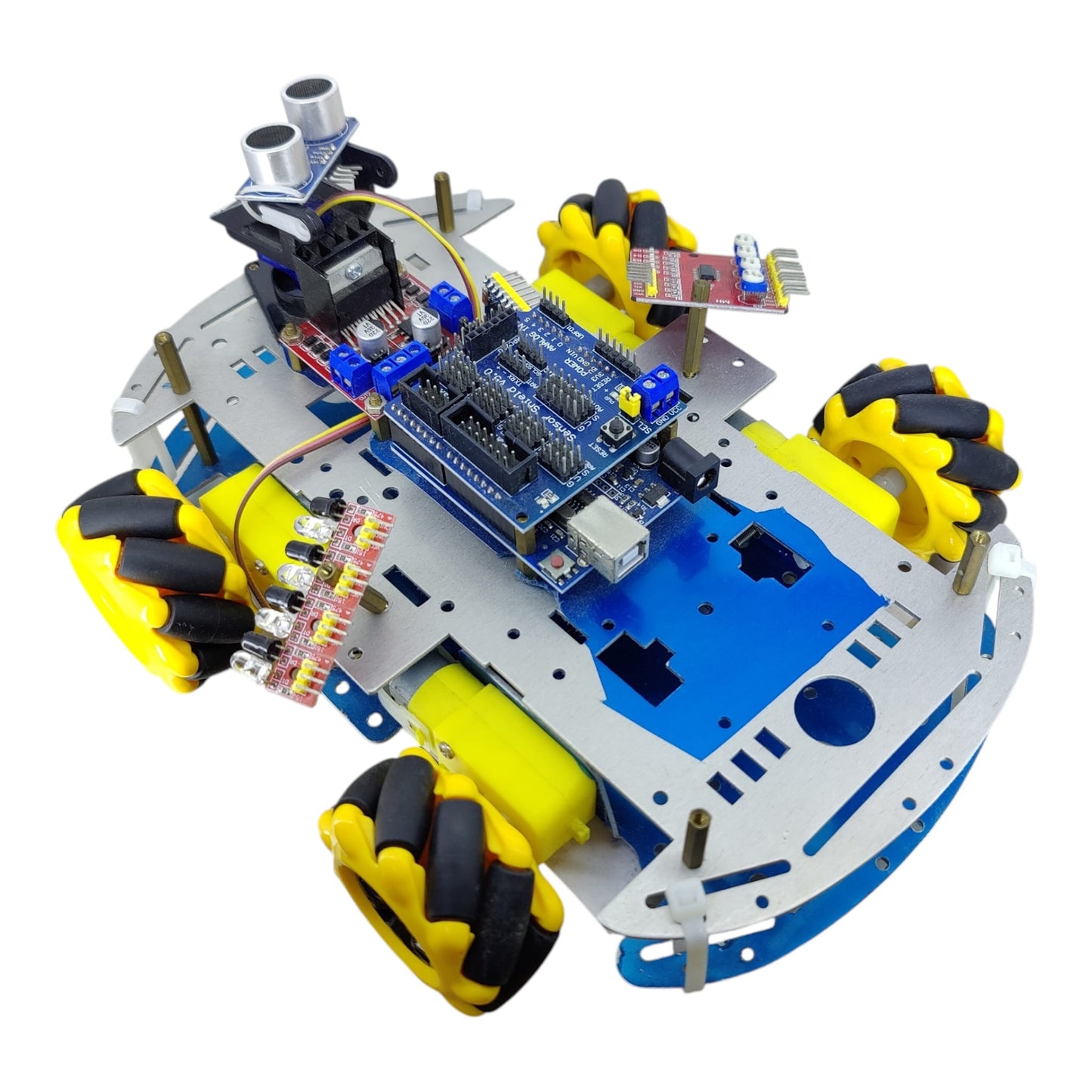 Fully assembled 4WD Mecanum wheel smart robot car kit with ultrasonic sensor and aluminum chassis.