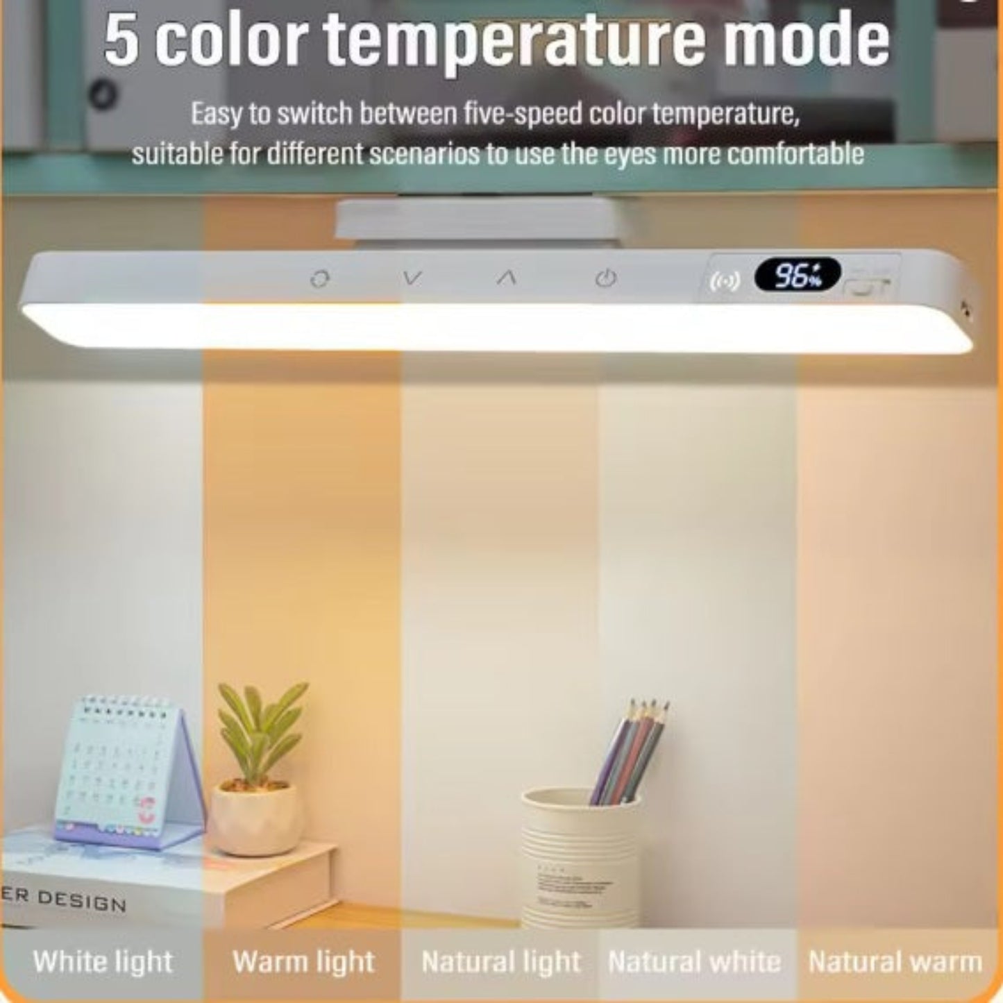 Comparison of 5 color temperature modes from warm light to white light for comfortable reading.