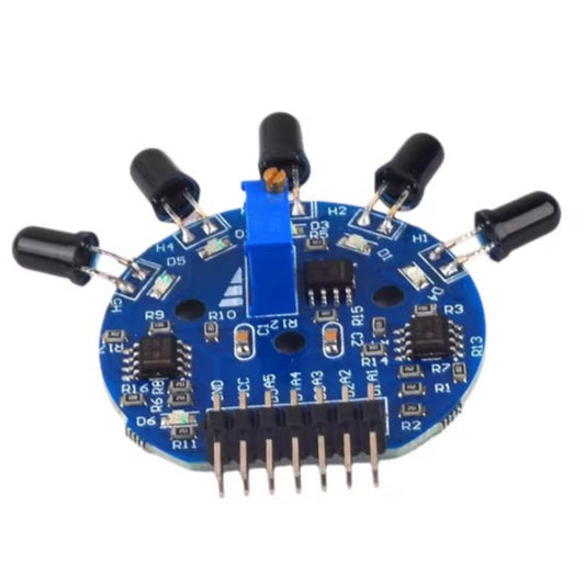Front view of 5-way flame sensor module showing 5 infrared photodiodes and blue potentiometer.