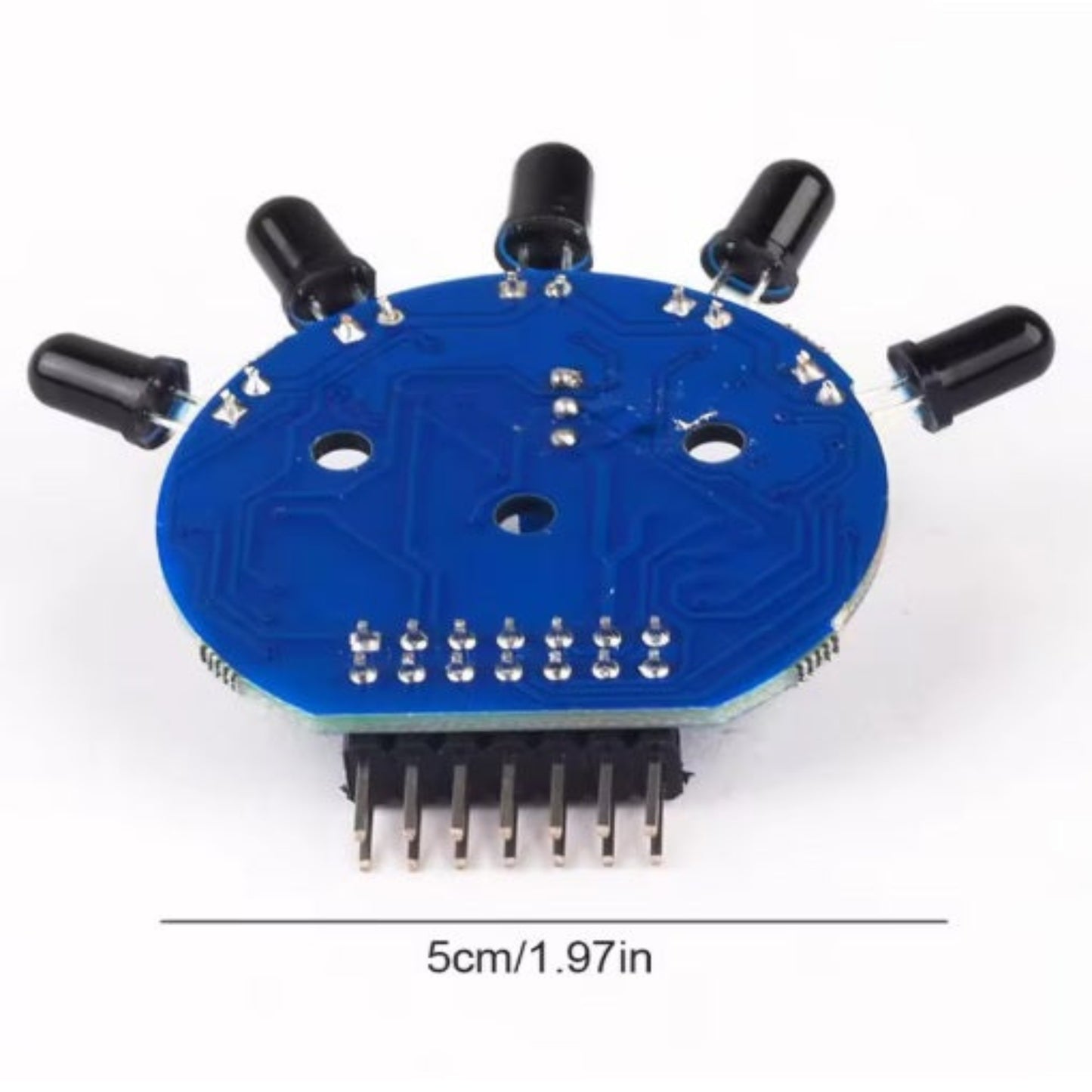 Back of flame sensor PCB showing soldering points and 5cm diameter size reference.