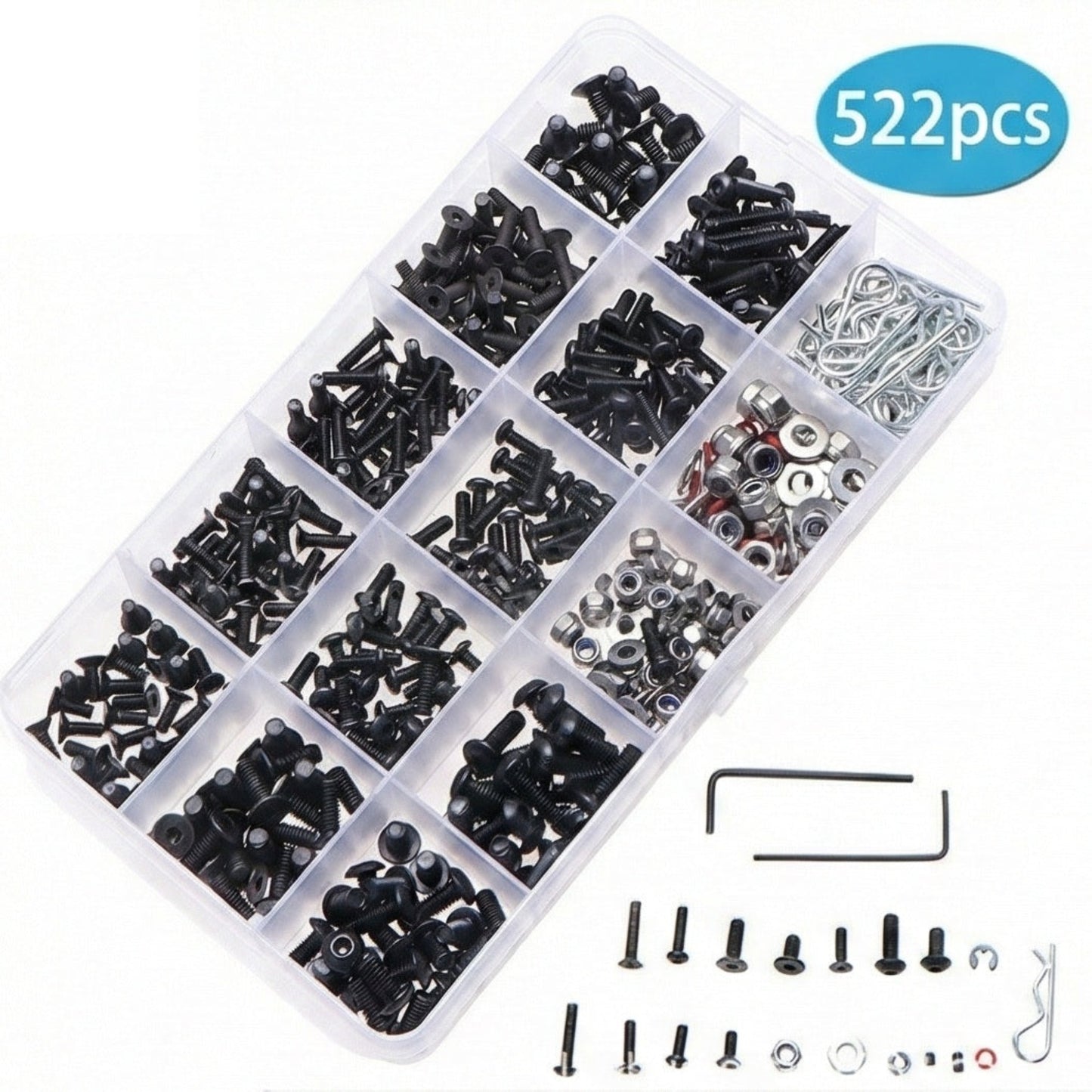 522 piece screw kit box containing M3 and M4 black carbon steel hex bolts and accessories.