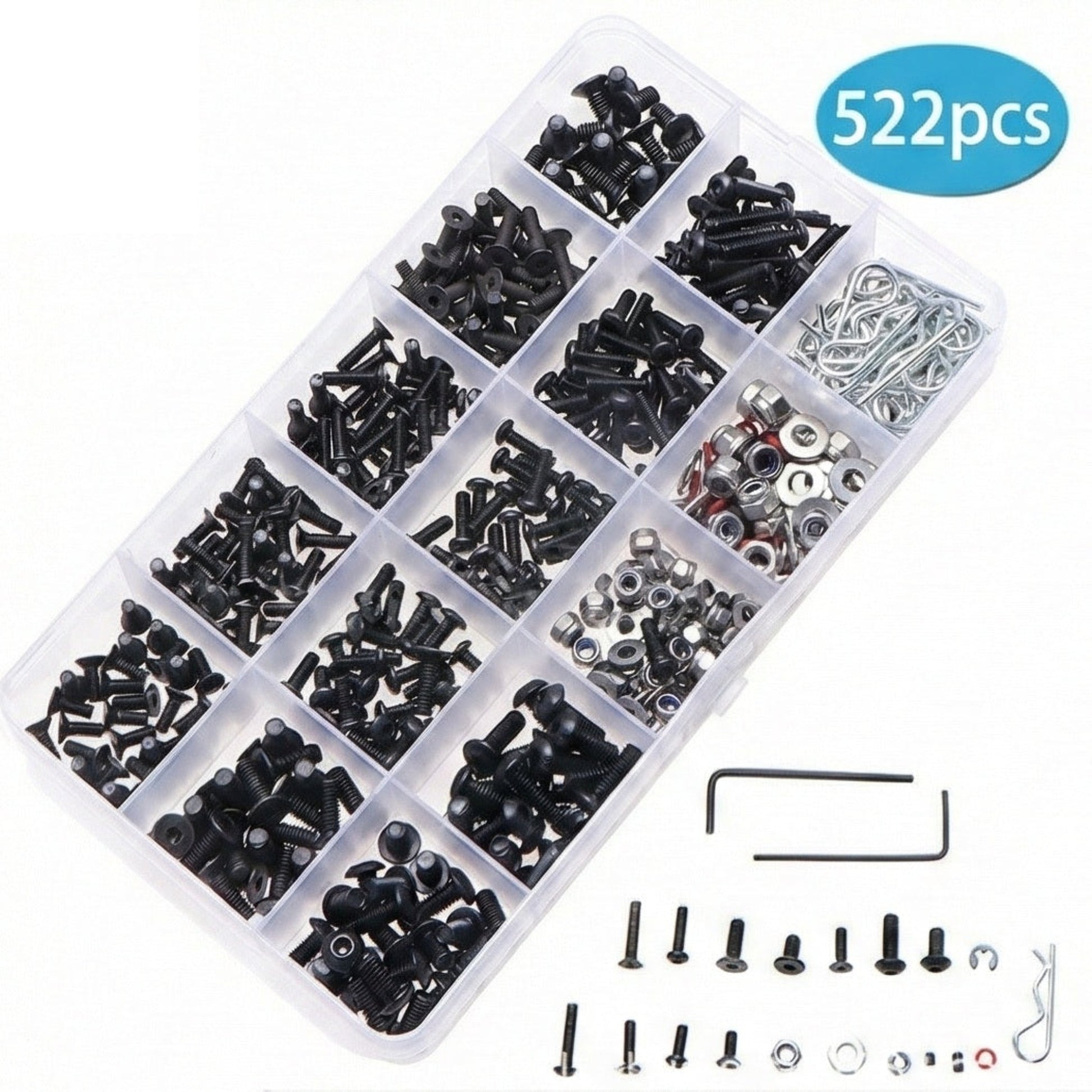 522 piece screw kit box containing M3 and M4 black carbon steel hex bolts and accessories.