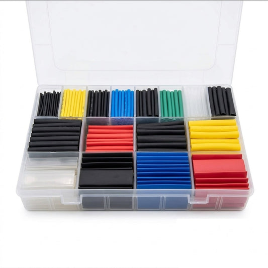 580件裝彩色熱縮管套裝，含多種尺寸及顏色，適用於電線修復及絕緣防護，附透明收納盒。
