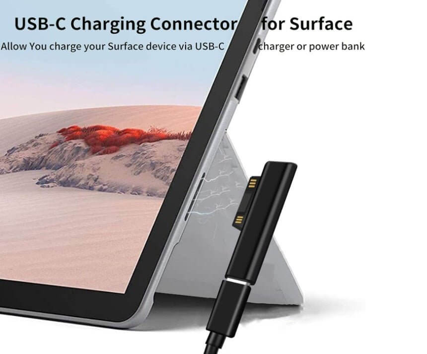 USB-C charging connector for Microsoft Surface, enabling charging via USB-C charger or power bank.