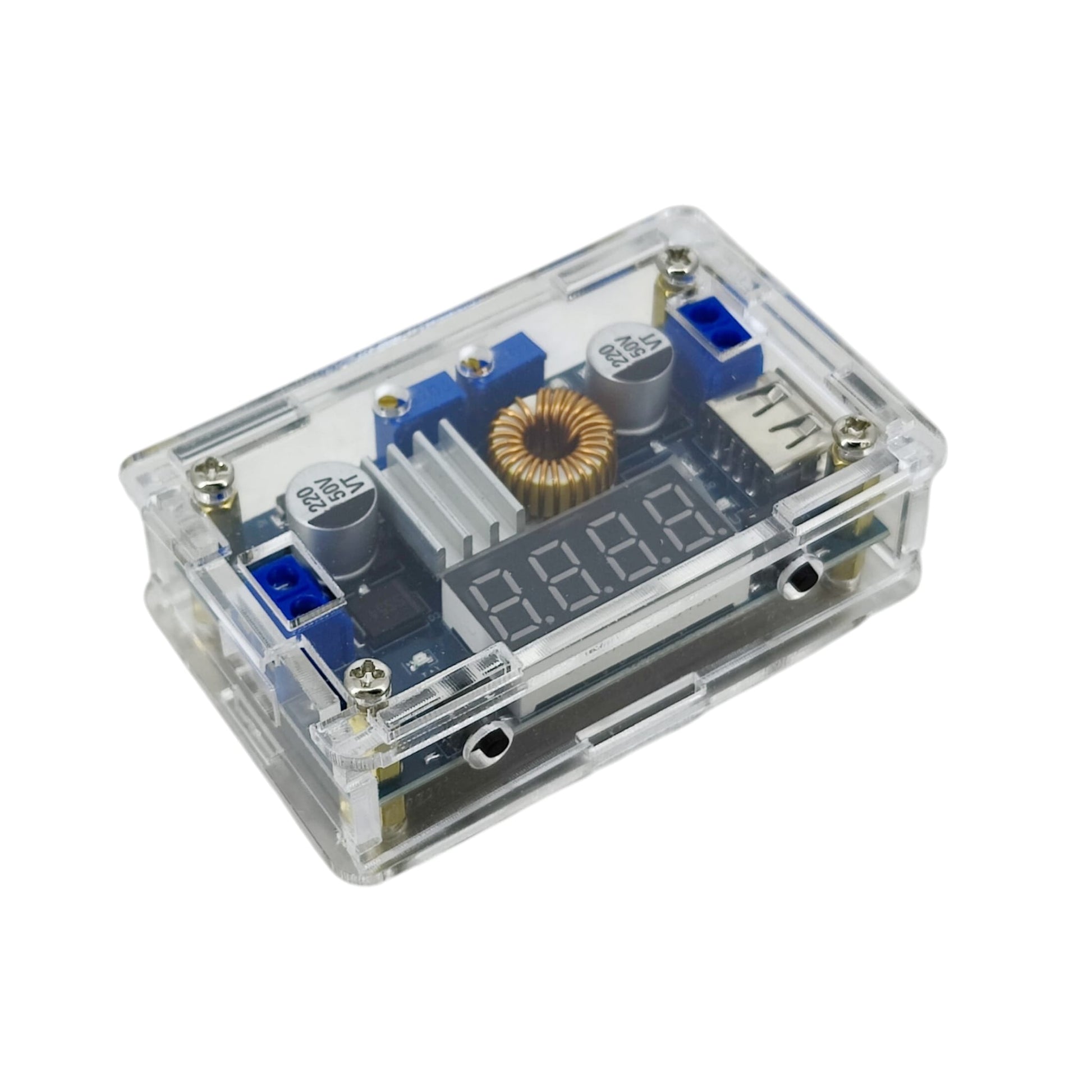 Top-down angle of the 5A step-down buck converter module showing the LED display and clear acrylic case.