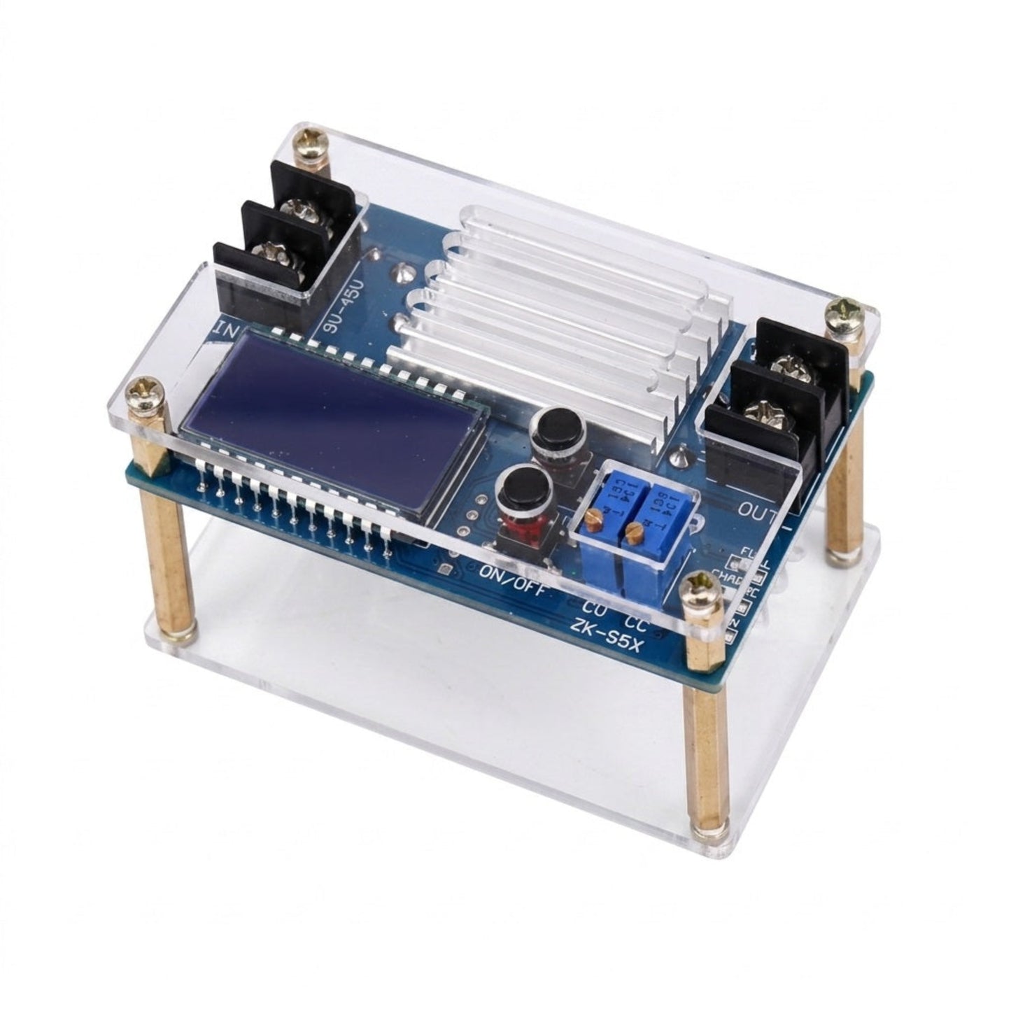 5A DC-DC 升壓模組 ZK-S5X，配備 LCD 顯示屏，支援 9V-45V 升至 11V-50V 電壓轉換。