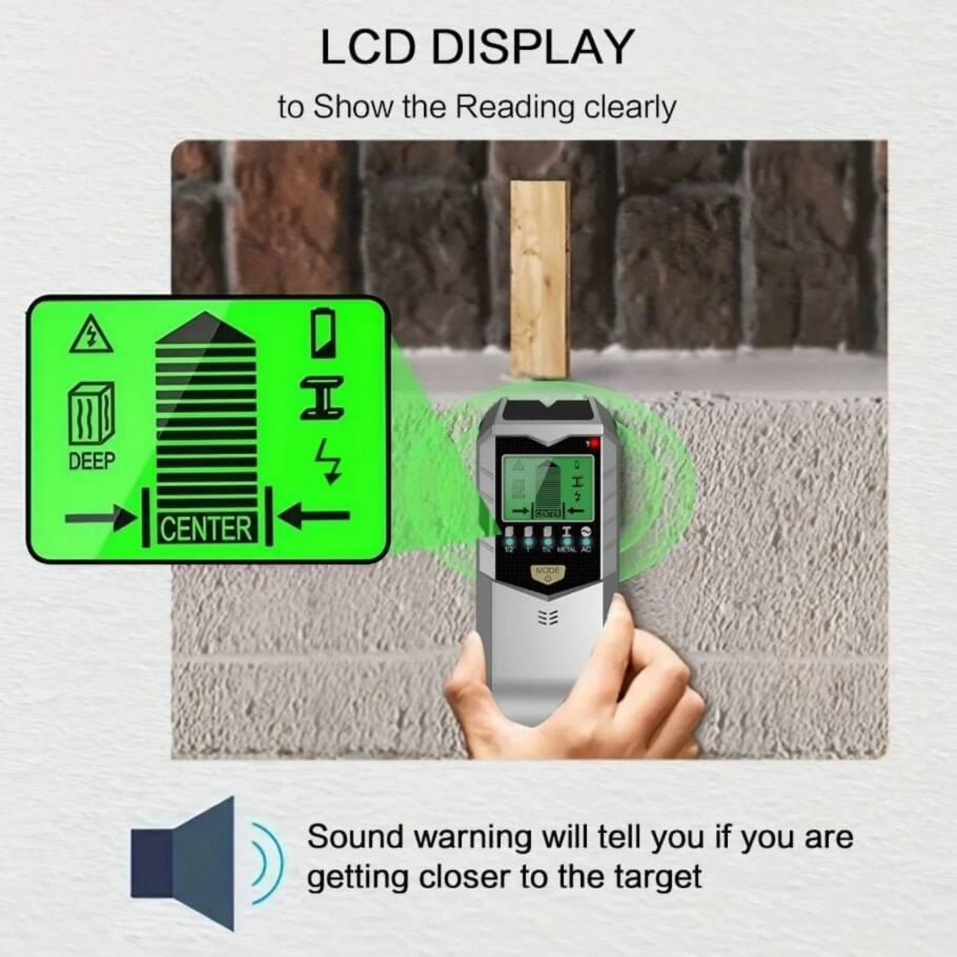 Wall stud finder with LCD display and sound warning to clearly show the target's location (e.g., wood stud).