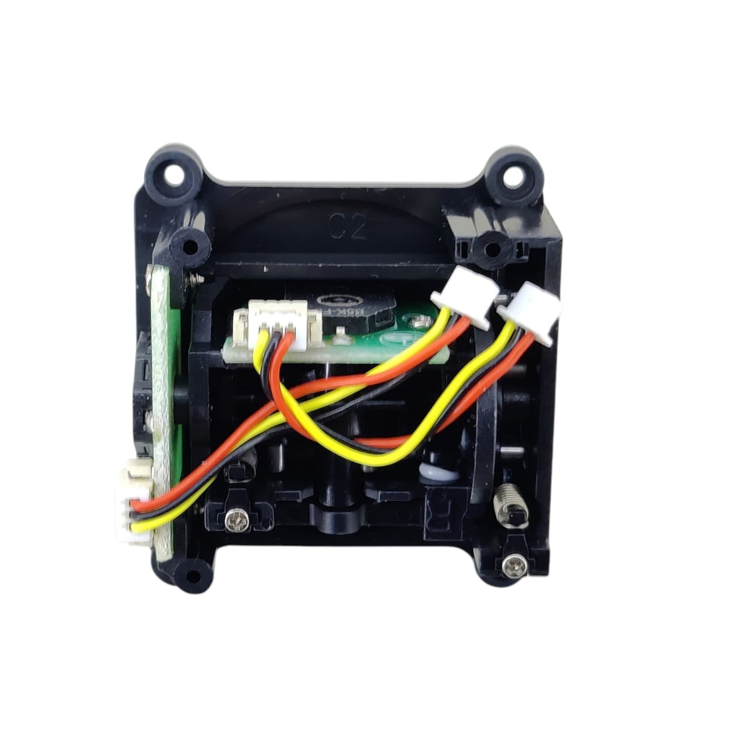Internal wiring, potentiometers, and connectors on the underside of a 5K RC joystick gimbal.