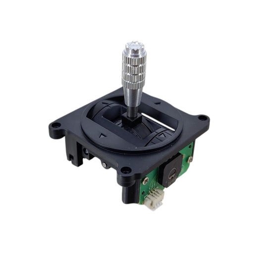 Angled view of a 5K RC transmitter joystick gimbal with metal stick and side circuit board.