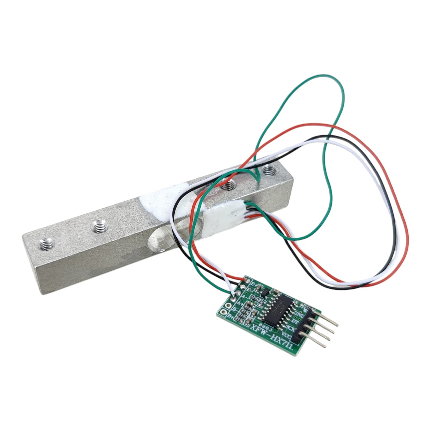 Top view of a 5kg aluminum load cell connected to a green HX711 AD converter module.