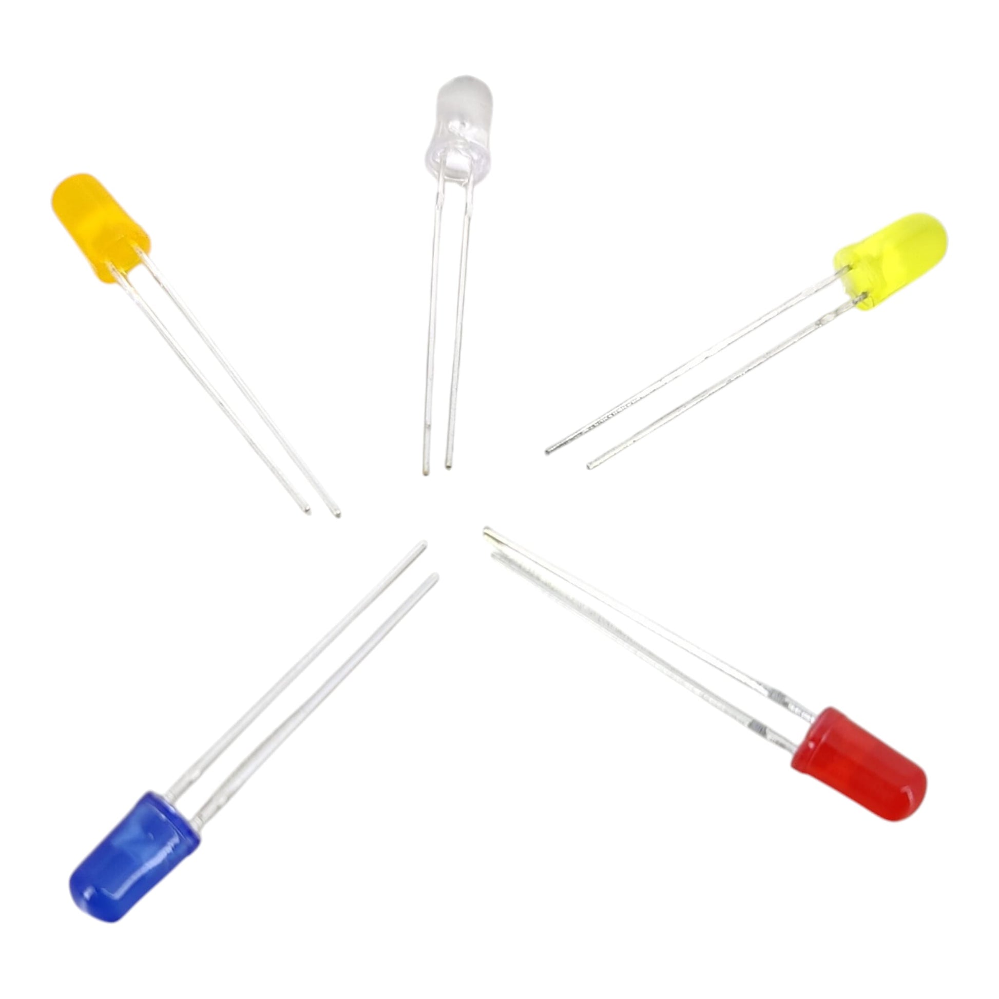 Various colors of 5mm LED light emitting diodes for DIY electronic and STEM projects.