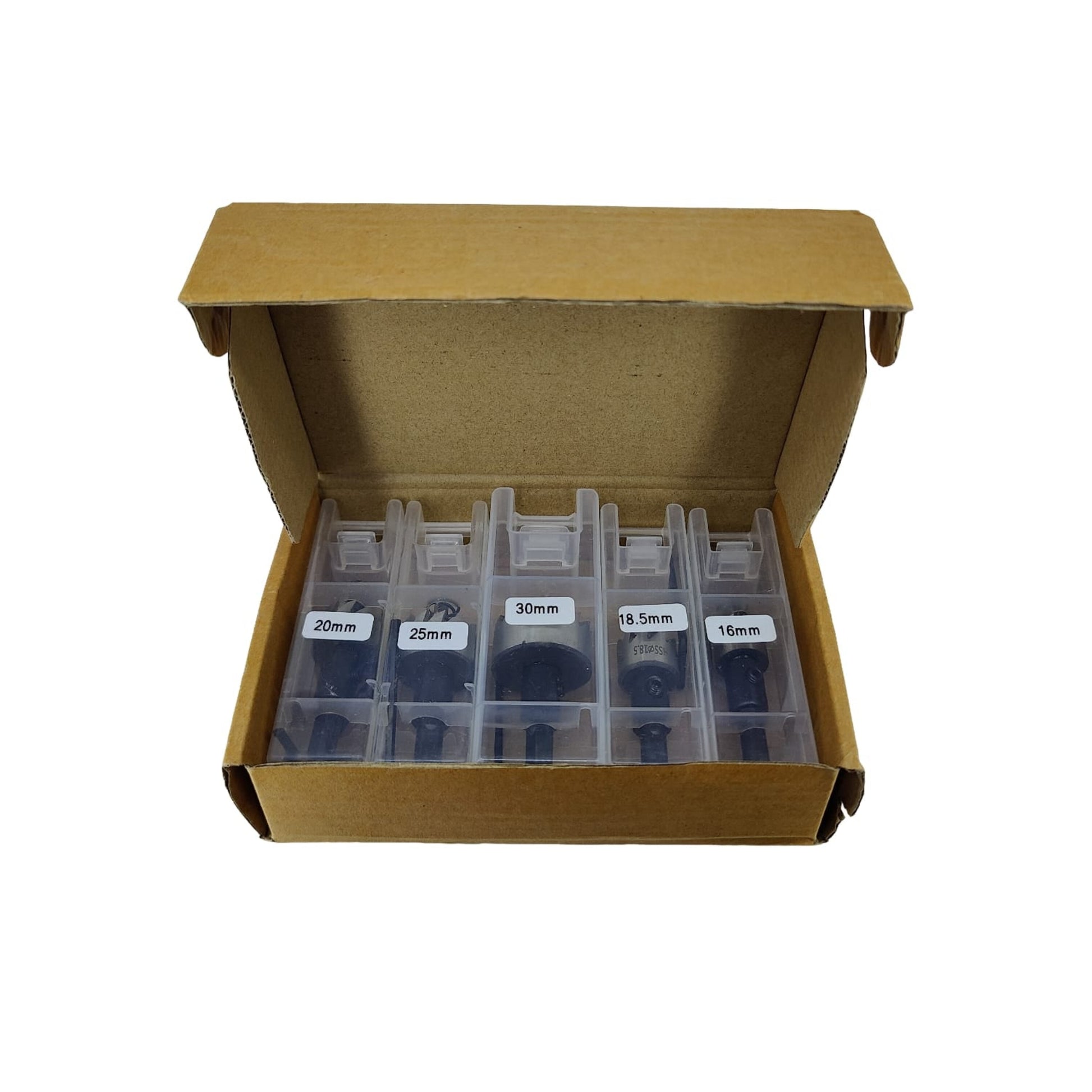 Open cardboard box with a clear plastic organizer containing blue cylindrical objects and size labels on a white background.