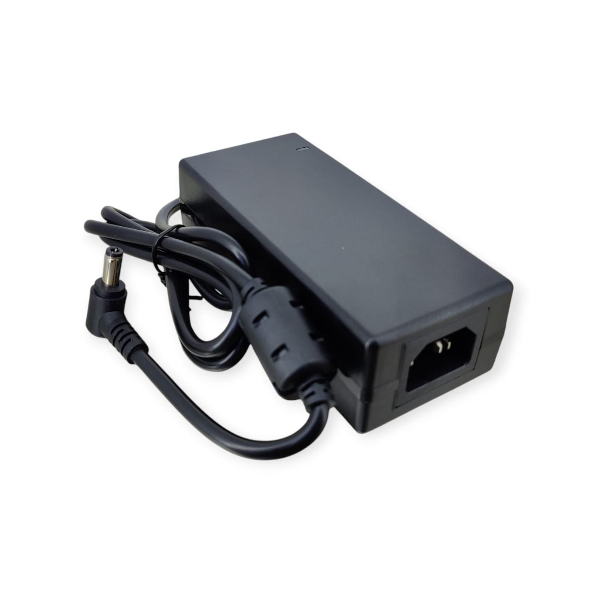 A black 5V 10A 50W AC/DC power adapter brick with a 5.5mm output plug and an IEC C14 input socket.