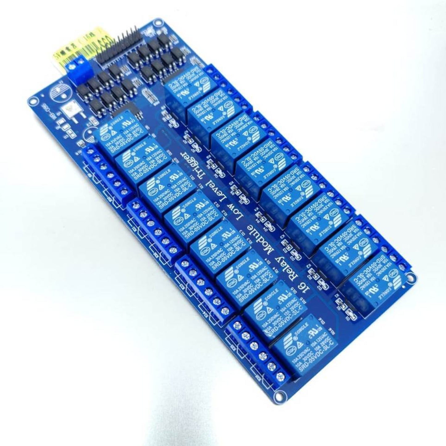 16-channel 5V relay module for Arduino, controlling high-current loads with AC 250V 10A and DC30V 10A.