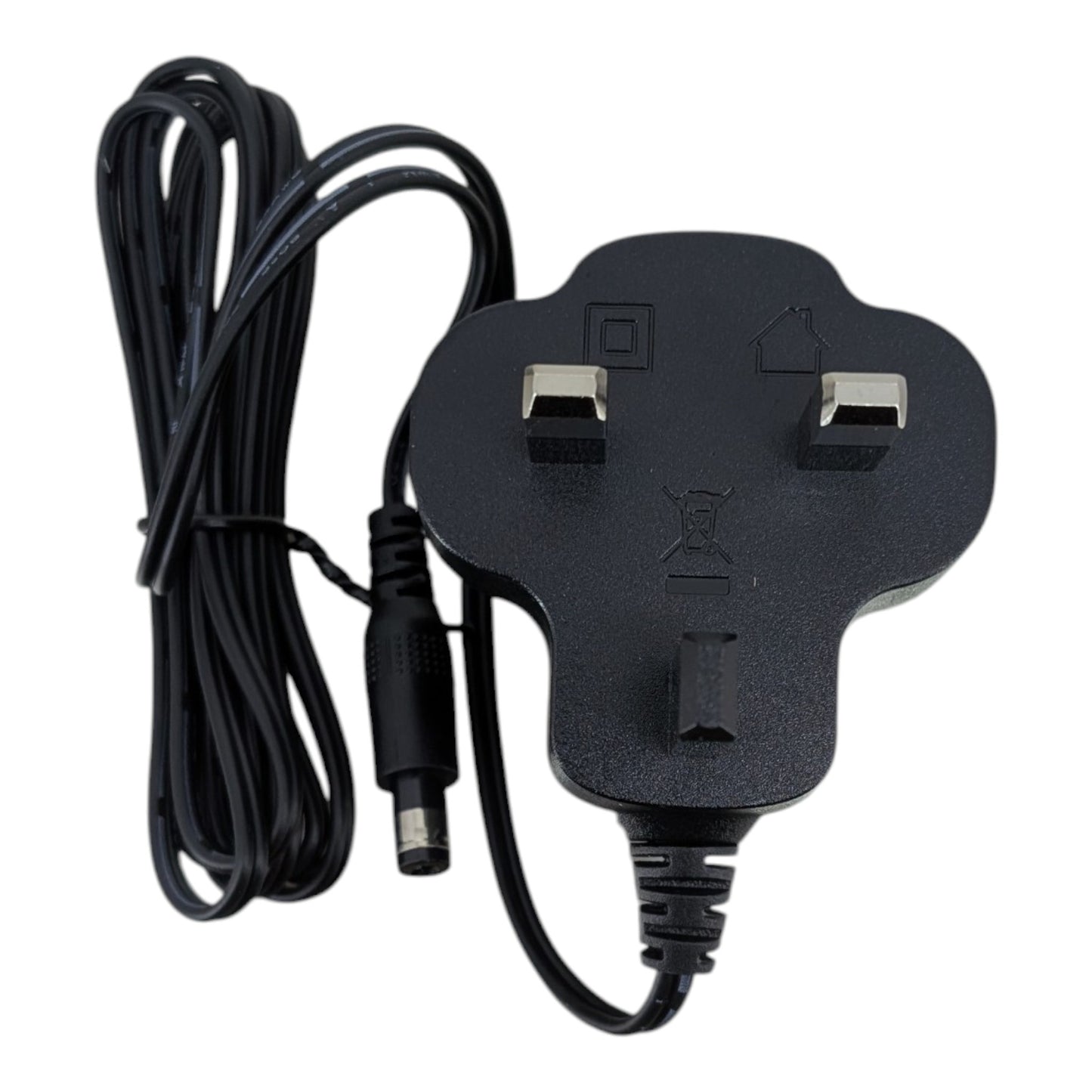 Top view of the 5V 1A AC/DC power adapter showing the standard UK 3-pin plug and the F05L5-050100SPAB model label.