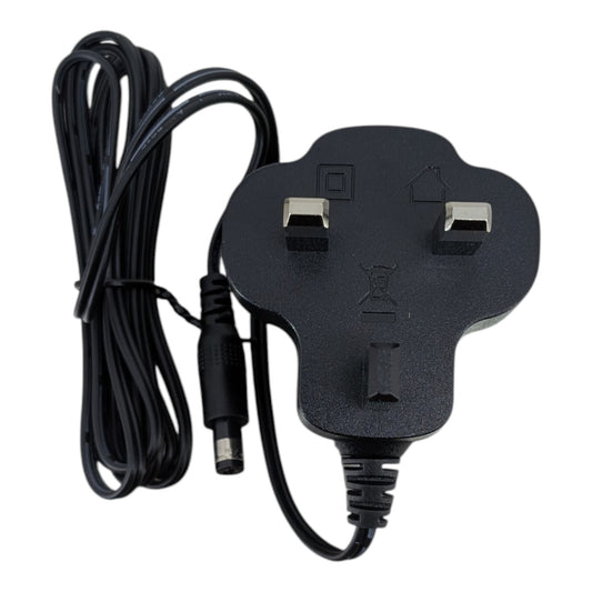 Top view of the 5V 1A AC/DC power adapter showing the standard UK 3-pin plug and the F05L5-050100SPAB model label.