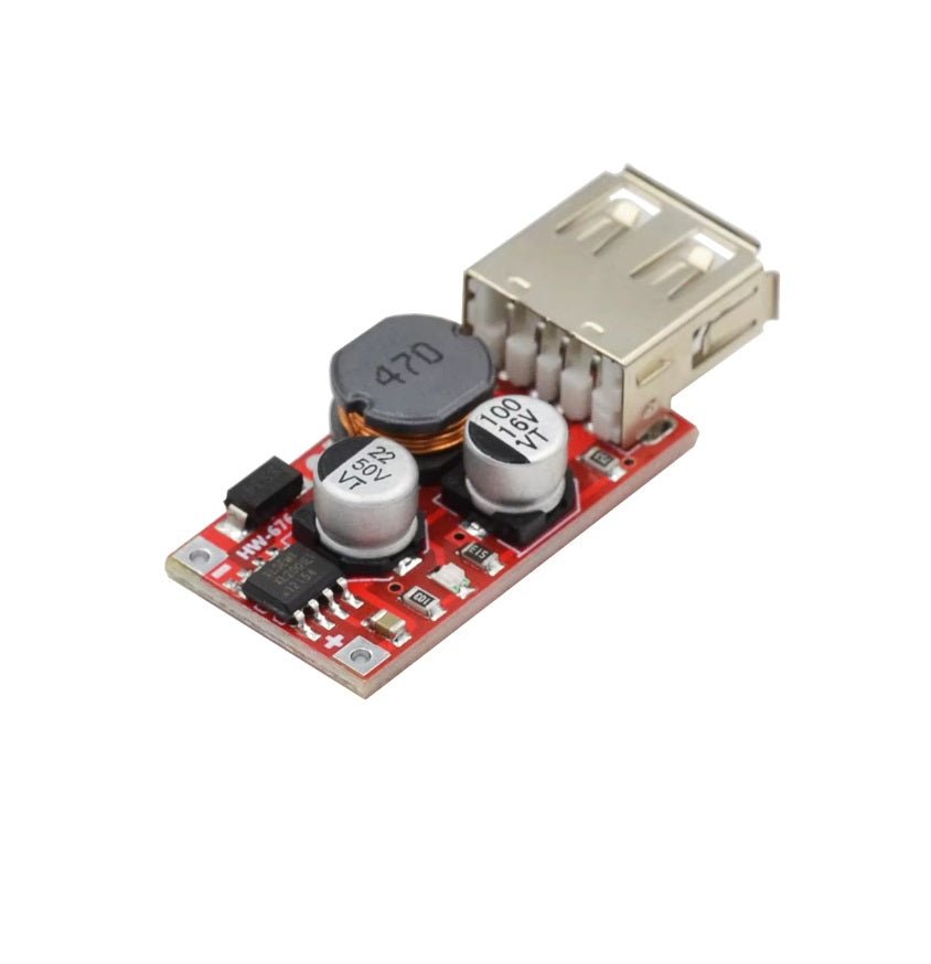 Compact 5-36V to 5V USB step-down converter module for powering devices efficiently.