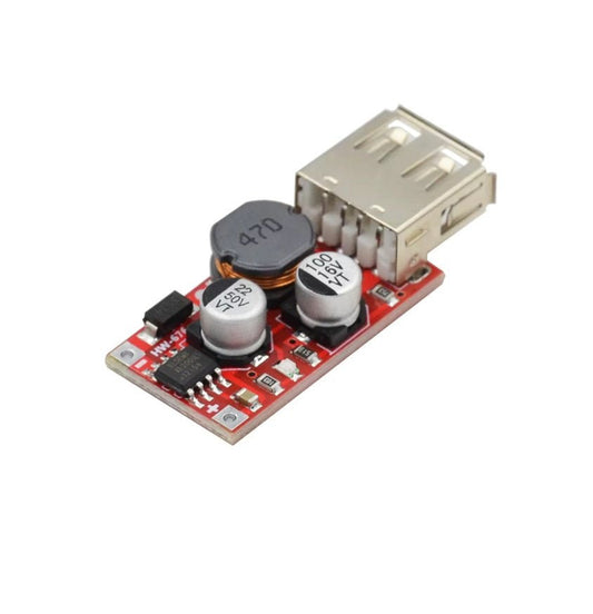 Compact 5-36V to 5V USB step-down converter module for powering devices efficiently.