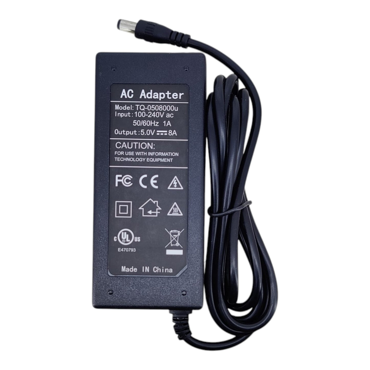 Specification label of 5V 8A 40W power supply showing UL CE FCC certifications