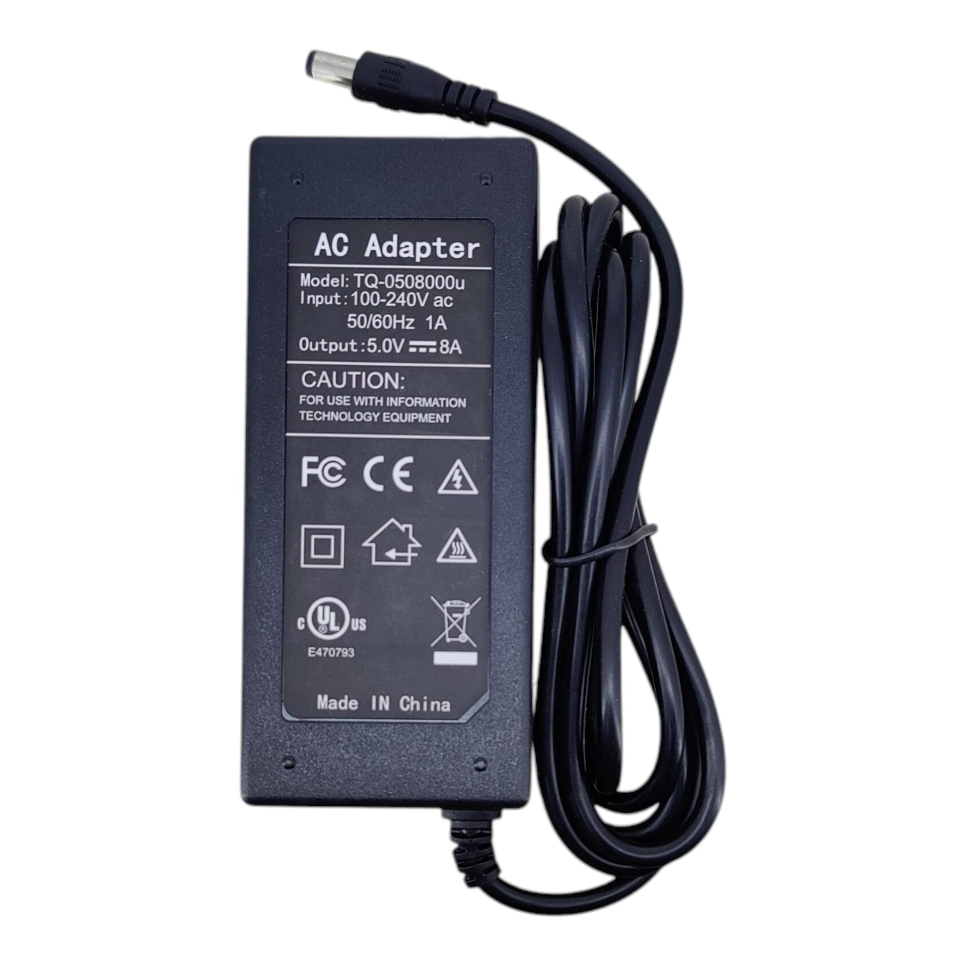 Specification label of 5V 8A 40W power supply showing UL CE FCC certifications