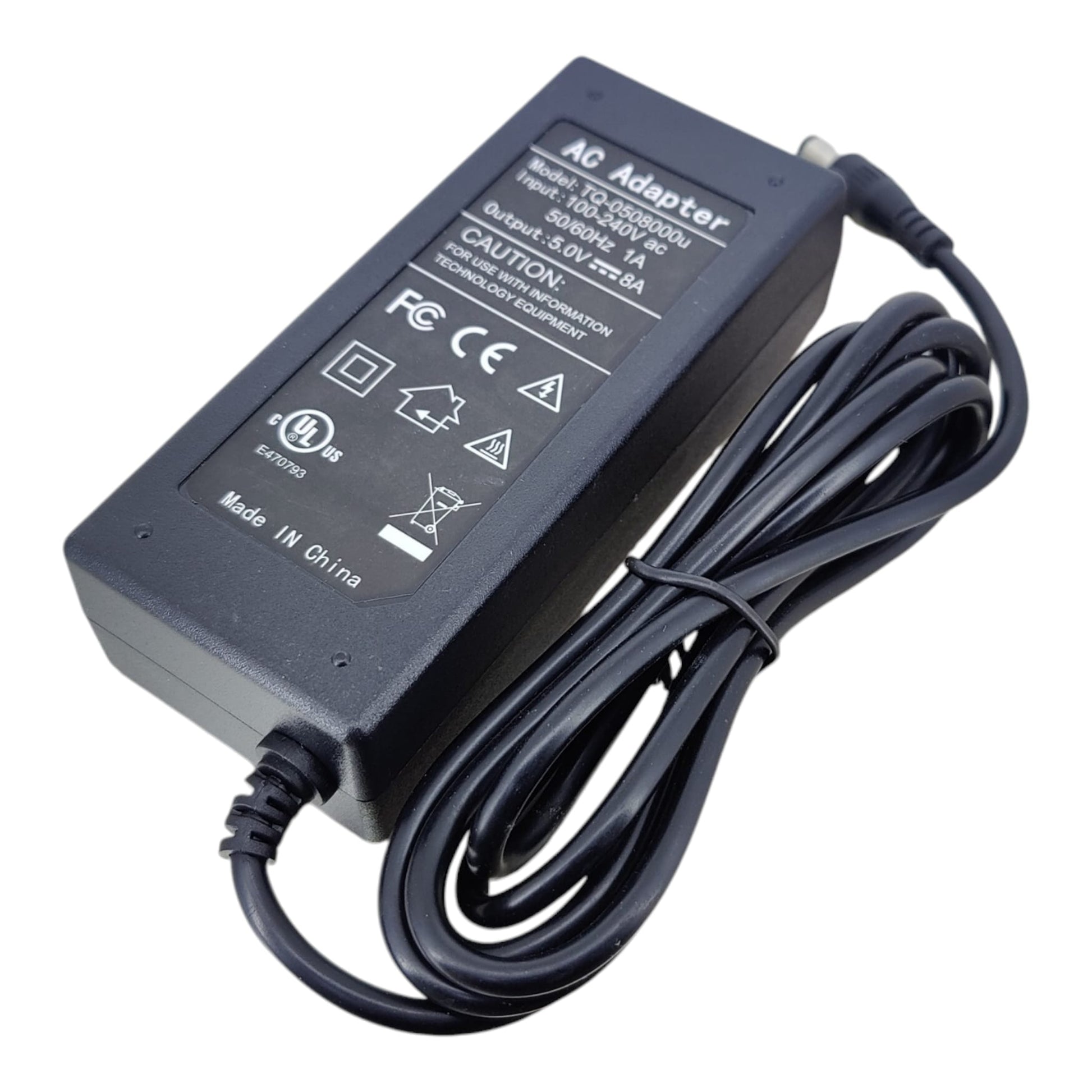 Top view of 5V 8A power adapter with 5.5x2.1mm DC plug