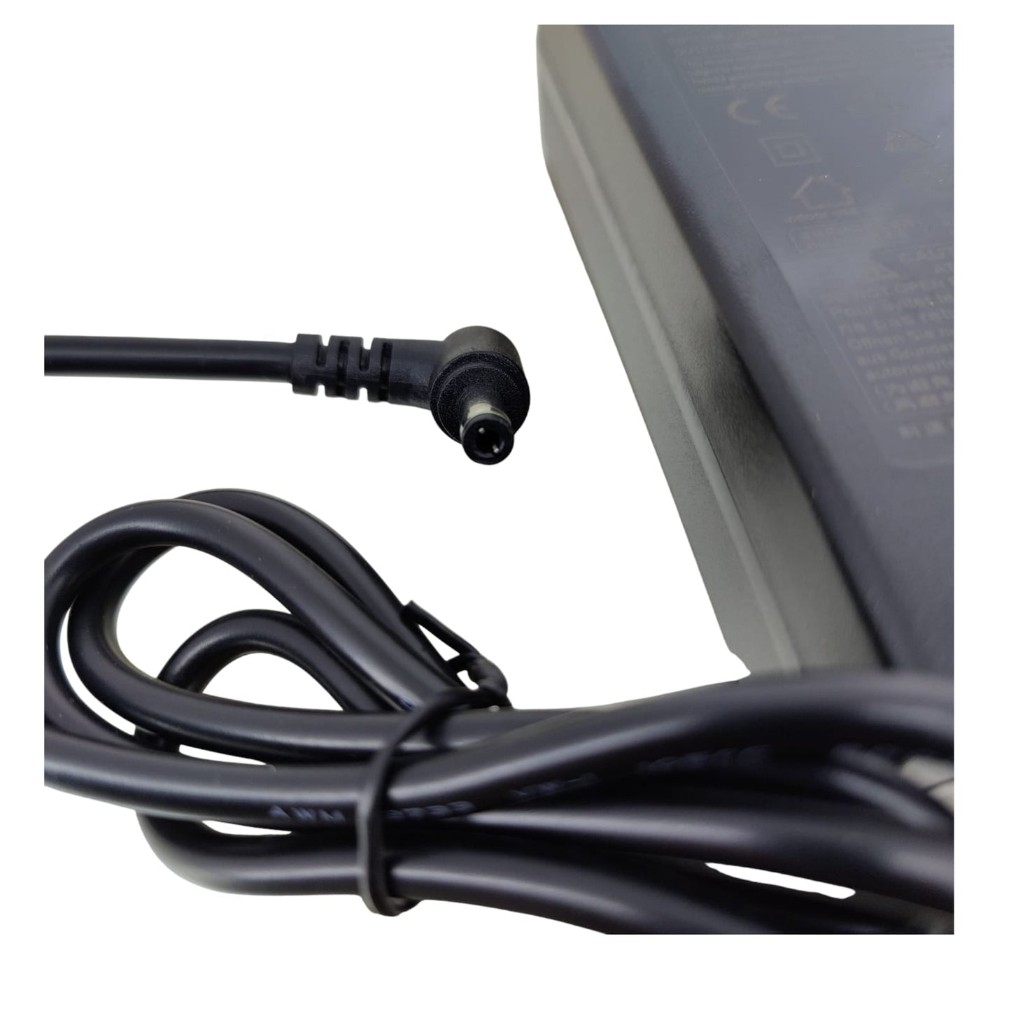 Close-up of the 5.5mm x 2.1mm DC barrel plug connector on the 5V 10A power adapter.