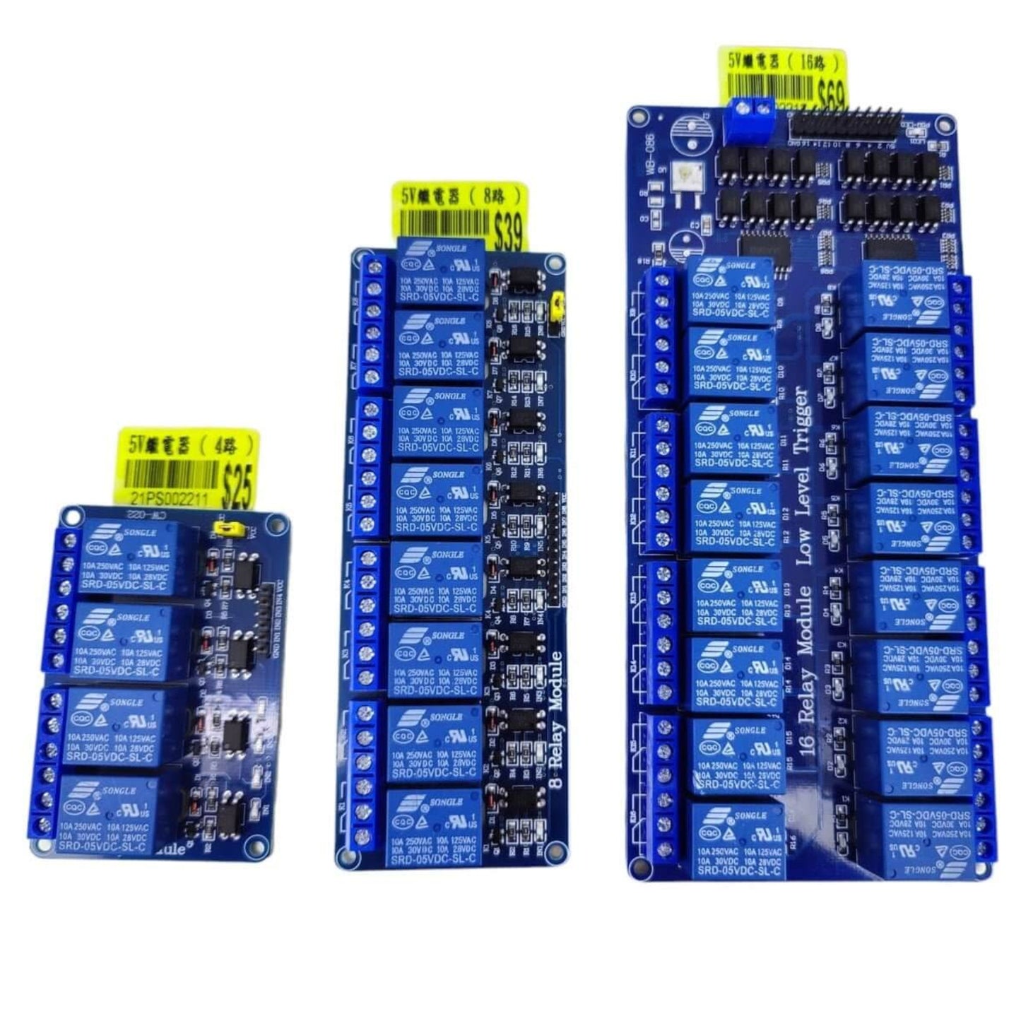 Collection of 5V relay modules showcasing 4, 8, and 16-channel options for controlling appliances and high-current loads.