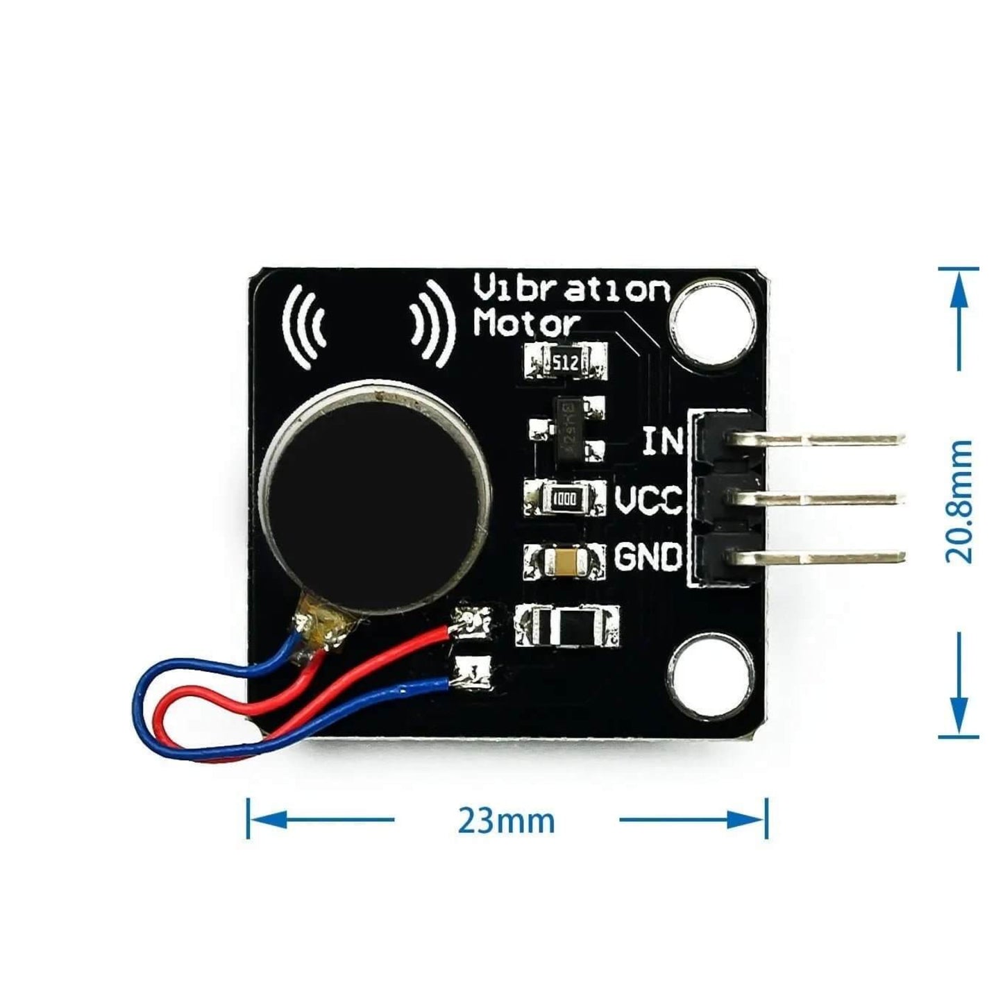 5V PWM vibration motor switch module for Arduino, compact design with IN, VCC, and GND connections, measures 23x20.8mm.