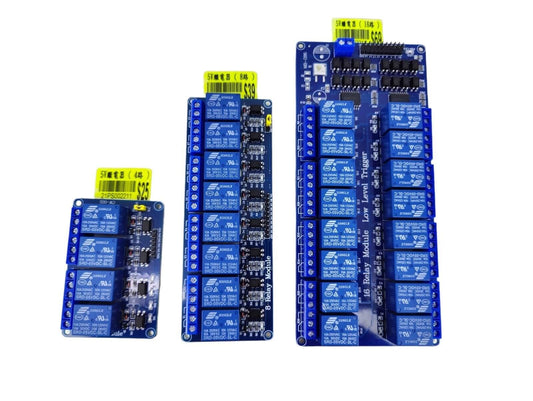 Collection of 5V relay modules showcasing 4, 8, and 16-channel options for controlling appliances and high-current loads.