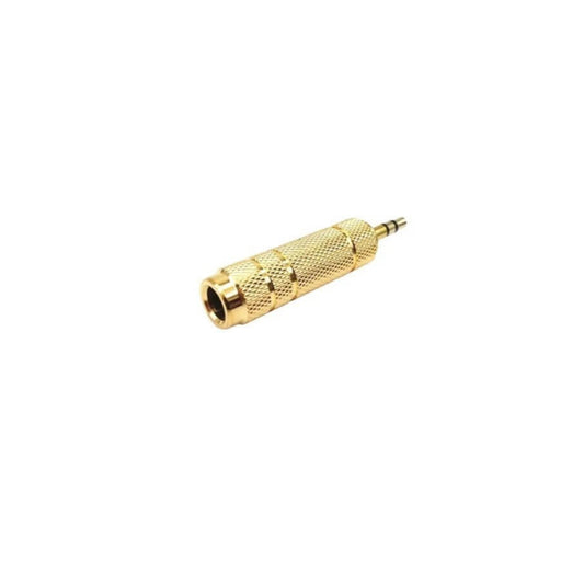 Gold 3.5mm to 6.35mm audio adapter for earphones and microphones, compact and durable design.