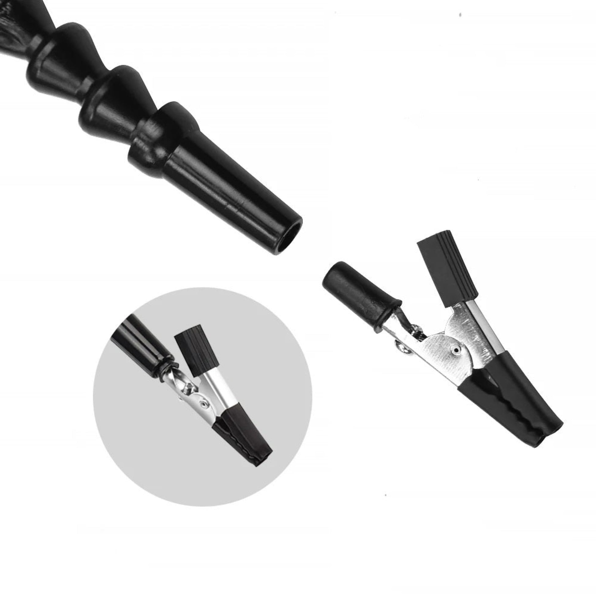 Close-up of a black soldering clip attachment, showcasing the clamp design for precision electronics work.