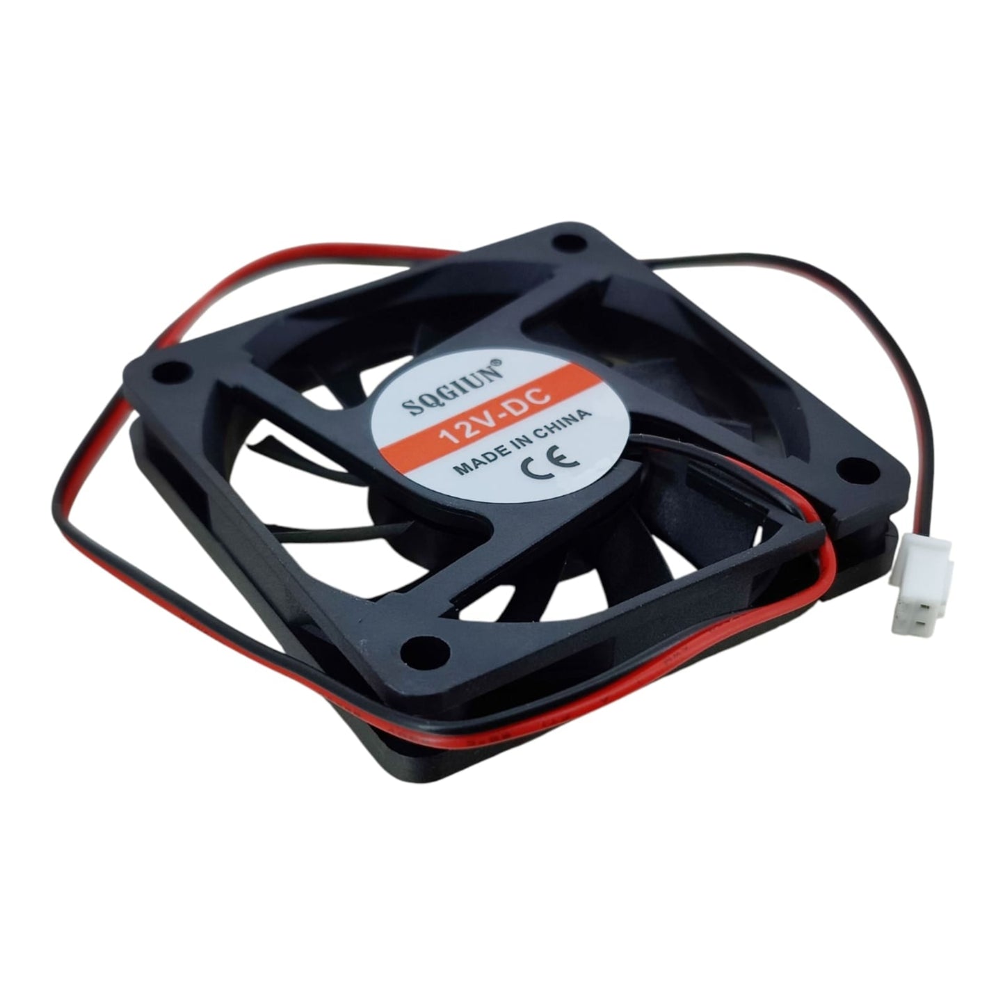 Angled side view of the 6010 60mm 12V cooling fan with its red and black 2-pin wire.