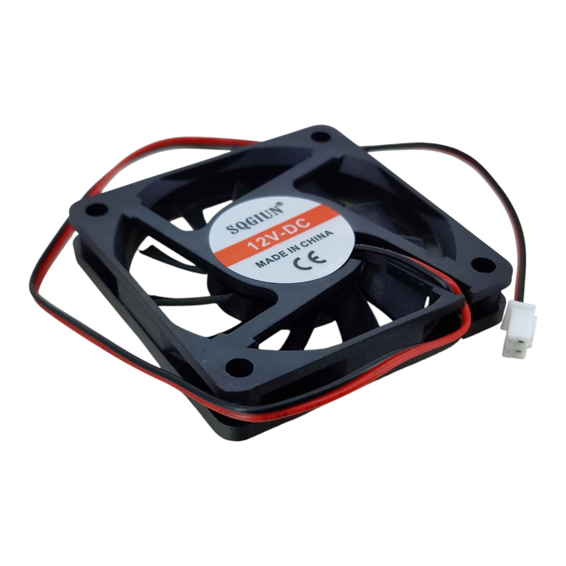 Angled side view of the 6010 60mm 12V cooling fan with its red and black 2-pin wire.