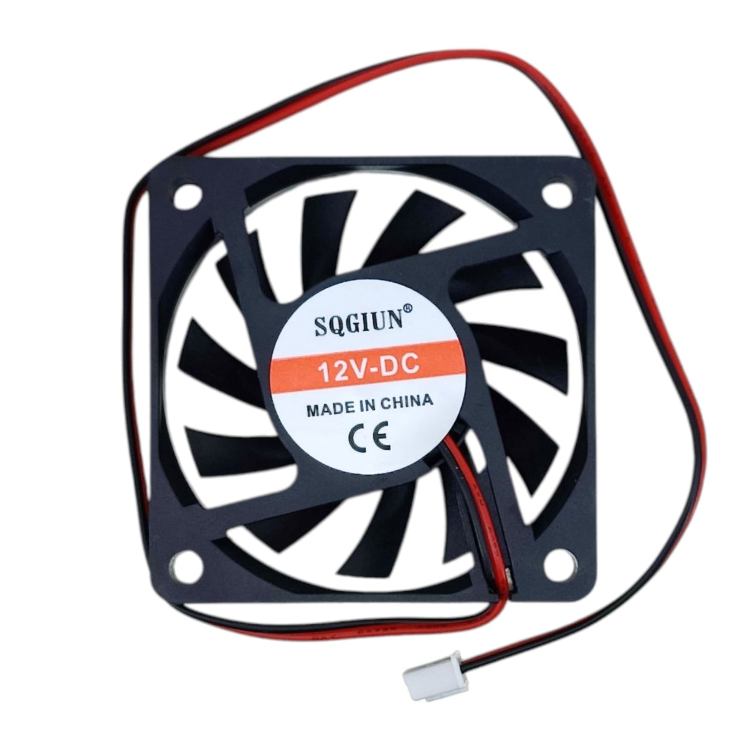 Back view of a 6010 12V DC fan, showing the 'SQGIUN 12V-DC' model label.