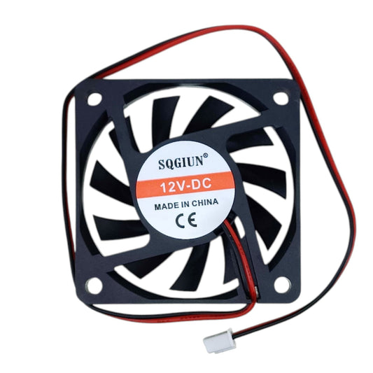 Back view of a 6010 12V DC fan, showing the 'SQGIUN 12V-DC' model label.