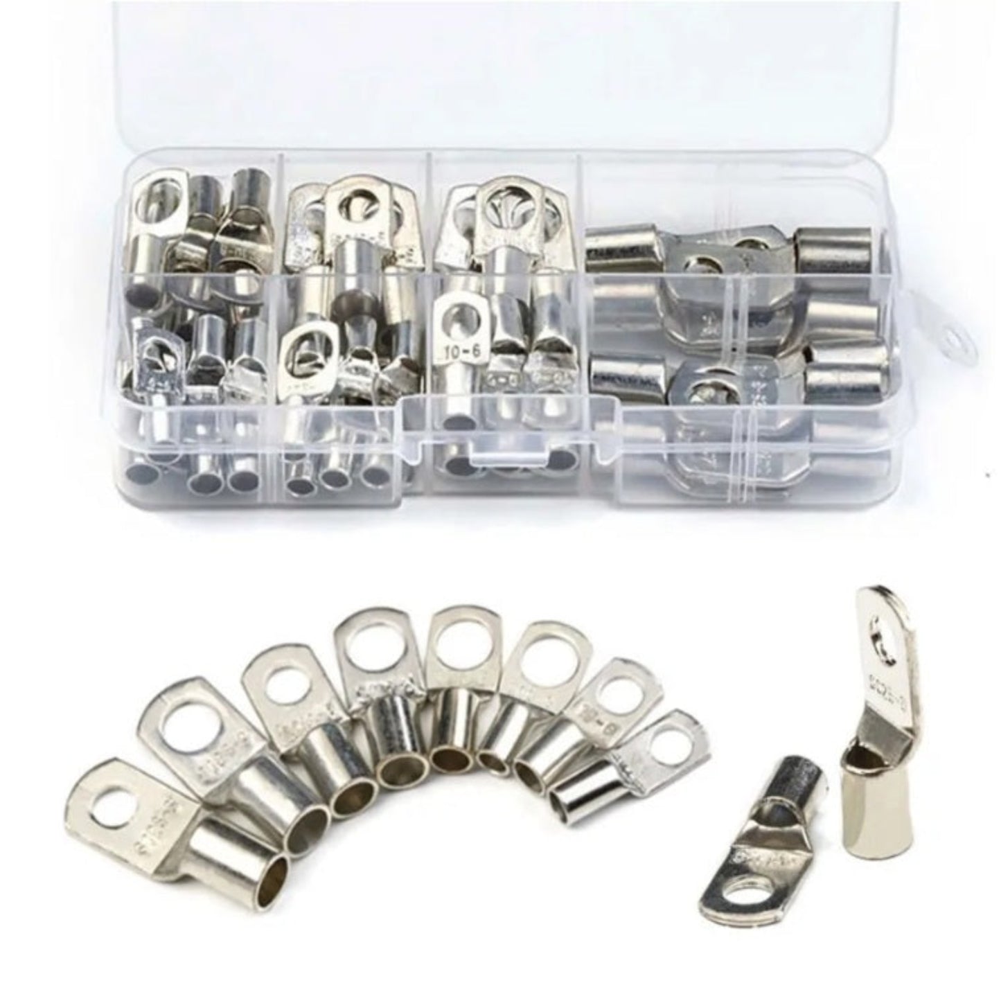 60 piece set of tinned copper cable lugs SC6 to SC25 in plastic organizer box.