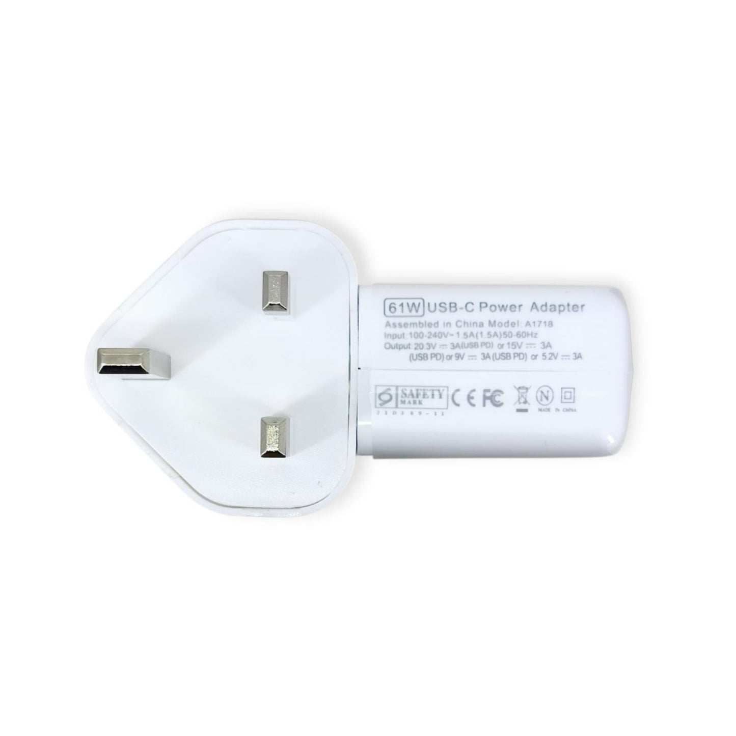 Close-up of the 61W USB-C power adapter specifications, compatible with model A1718.